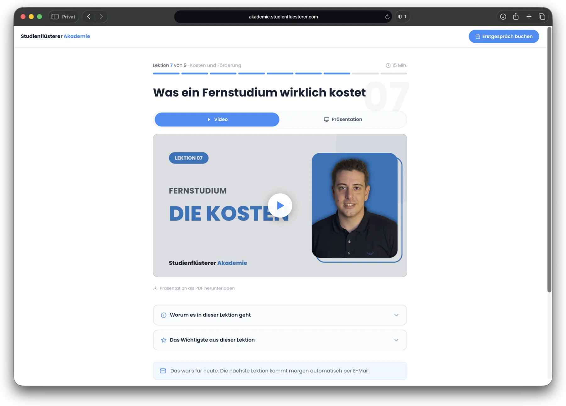 Studienflüsterer Akademie im Browser: Lektion zu den Kosten eines Fernstudiums